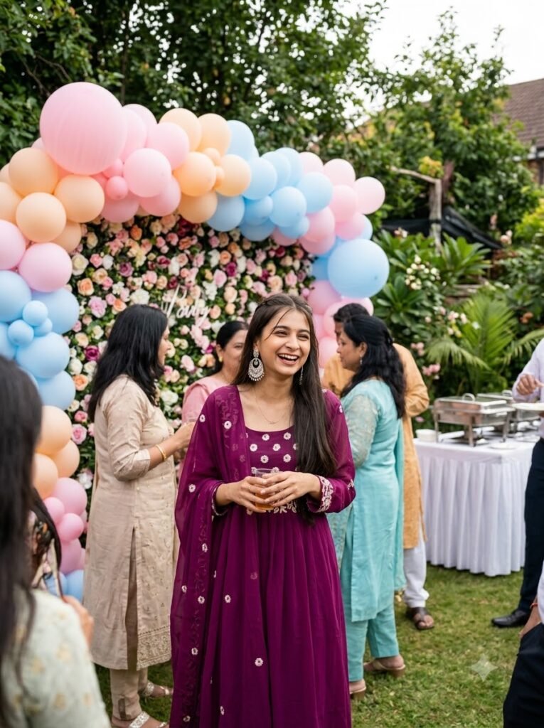 Girl at an outdoor garden birthday party with pastel balloons