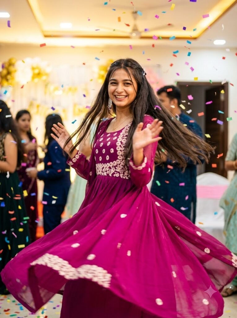 Girl twirling in a party dress with birthday confetti falling around her