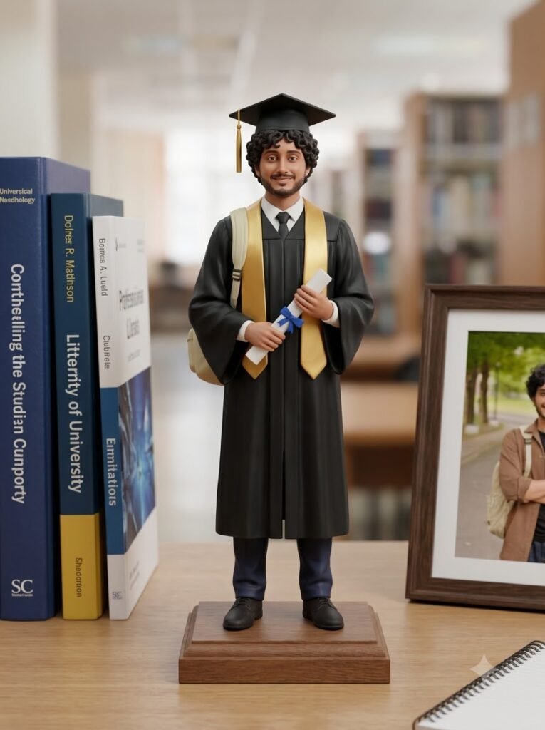 Graduation figurine wearing a cap and gown and holding a rolled certificate on a pedestal
