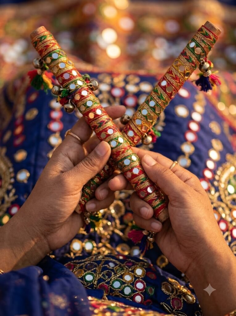 Hands holding a decorated dandiya stick beside mirror-work chaniya choli fabric