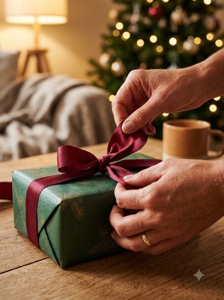 Close-up of hands wrapping a Mother's Day gift with ribbon