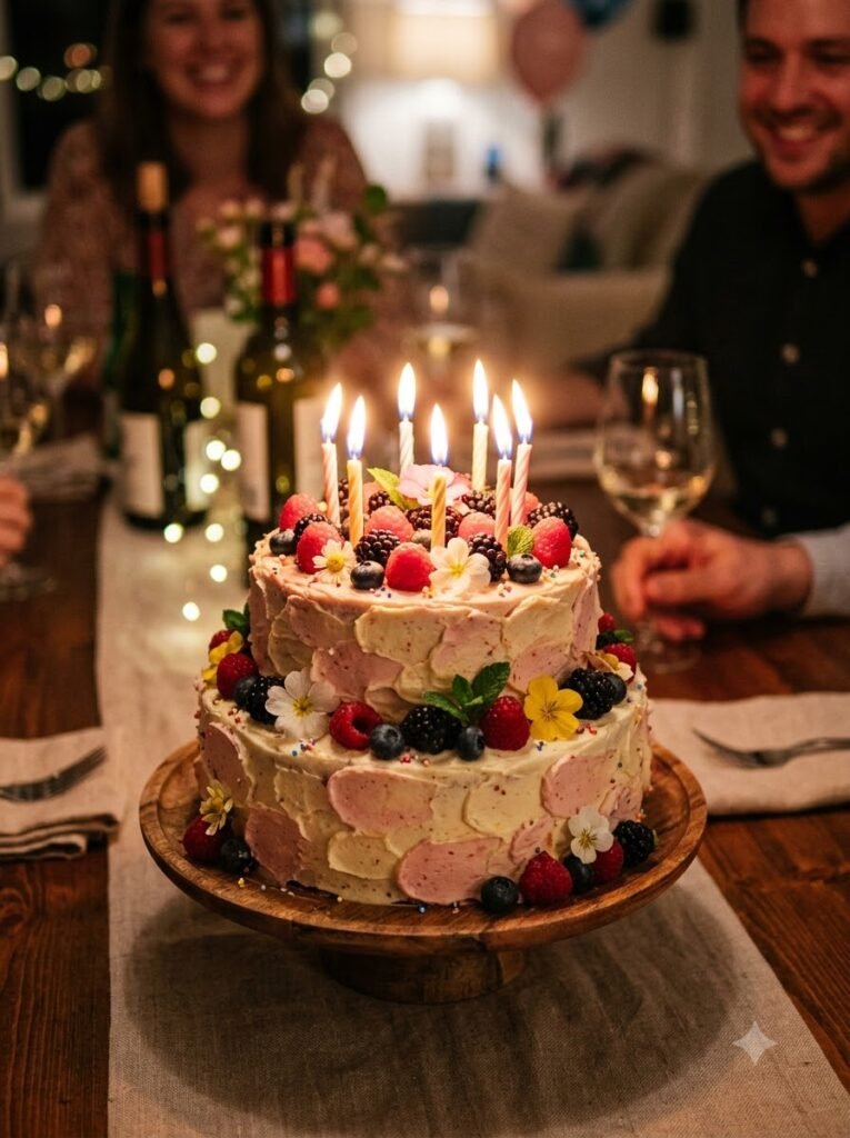 Close-up of a lit birthday cake with glowing candles