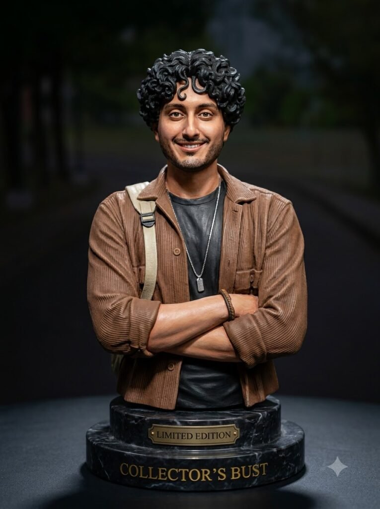Collectible bust statue of a man displayed on a marble-effect pedestal