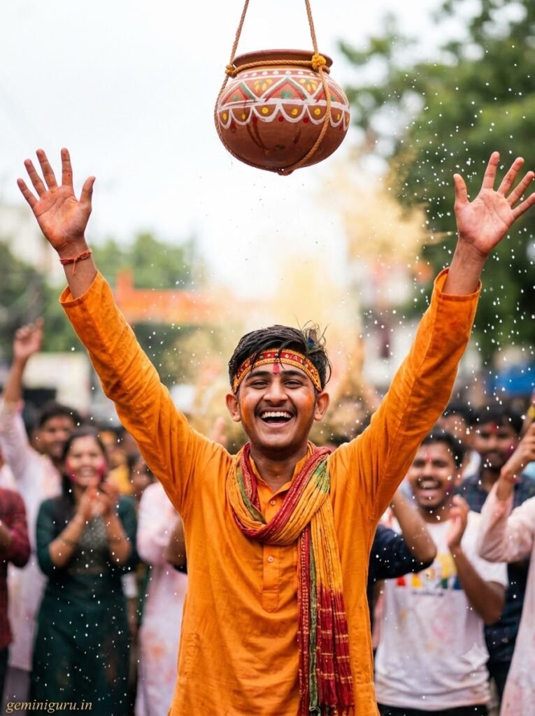 Young man celebrating Dahi Handi with a decorated clay pot and festival crowd