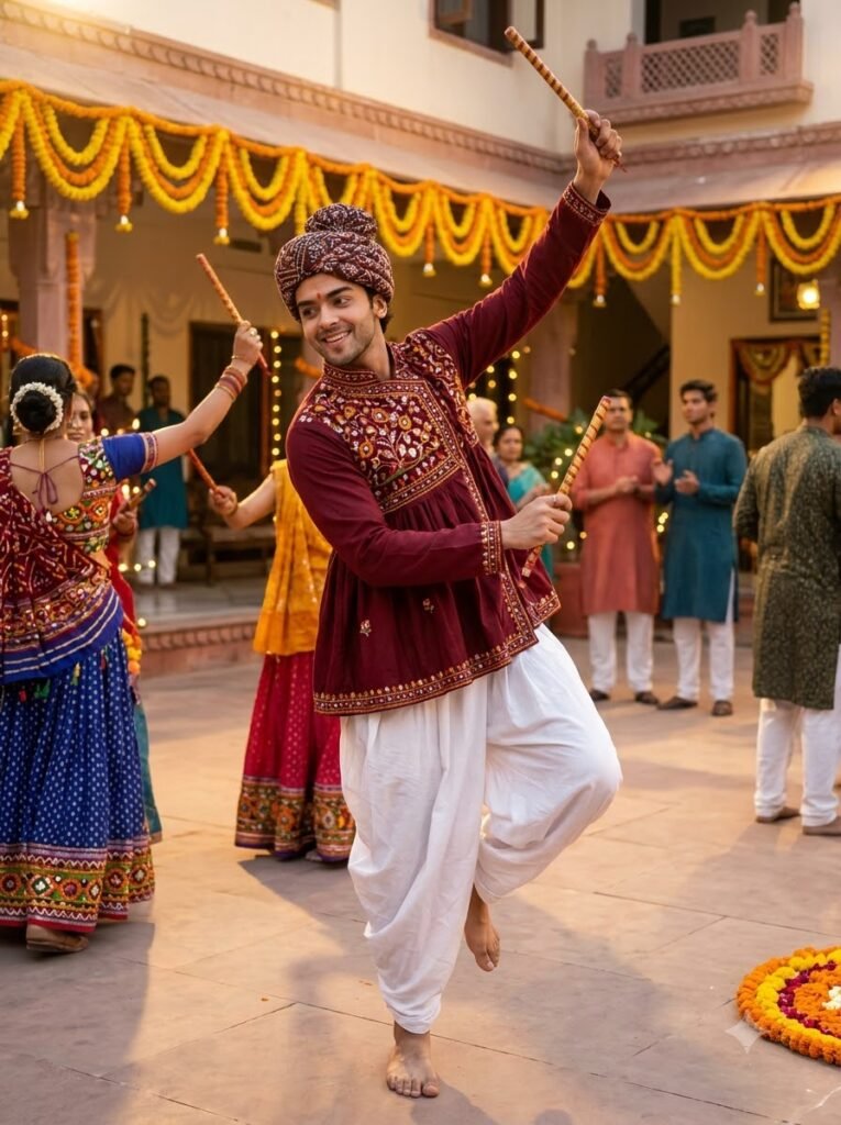 Indian man dancing garba in a maroon kediyu with white dhoti and dandiya stick