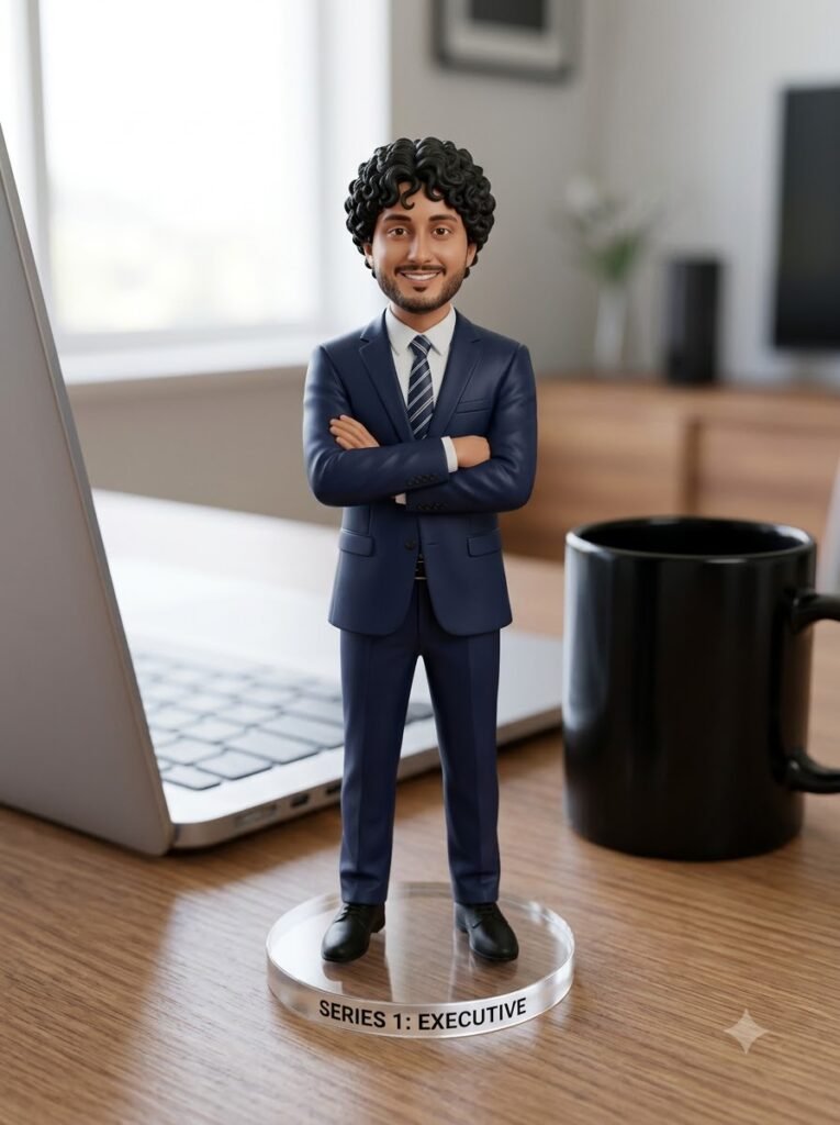 Tabletop miniature figurine of a businessman in a suit standing on an acrylic base