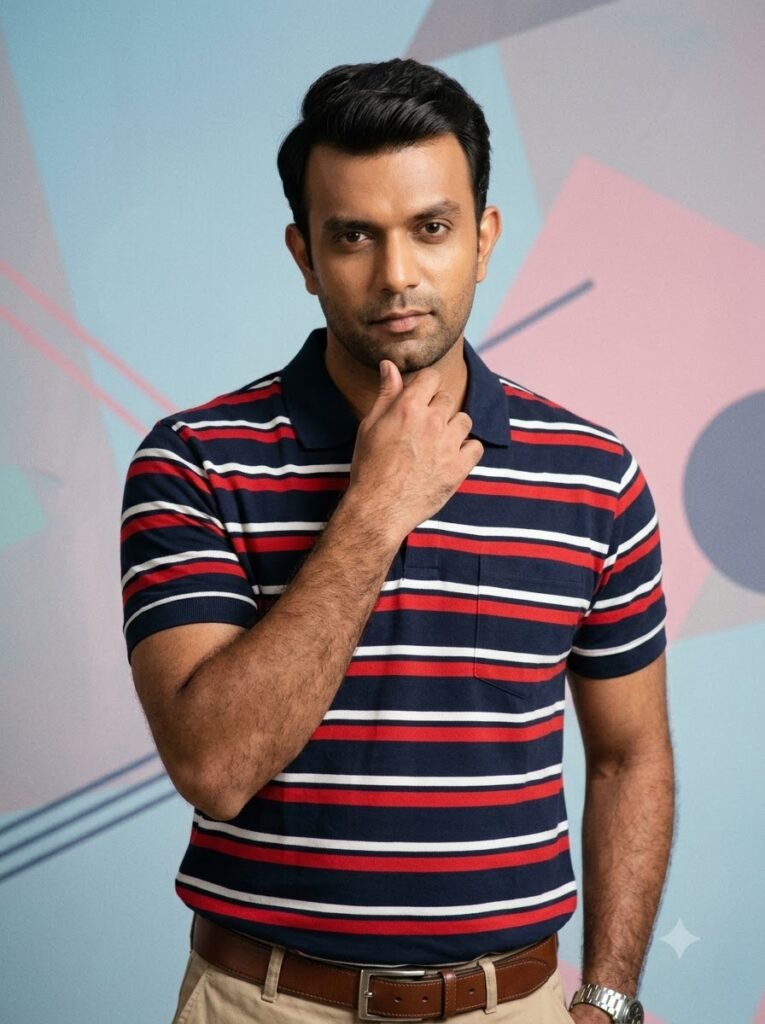 1980s portrait of a man with a side-part hairstyle and striped polo shirt