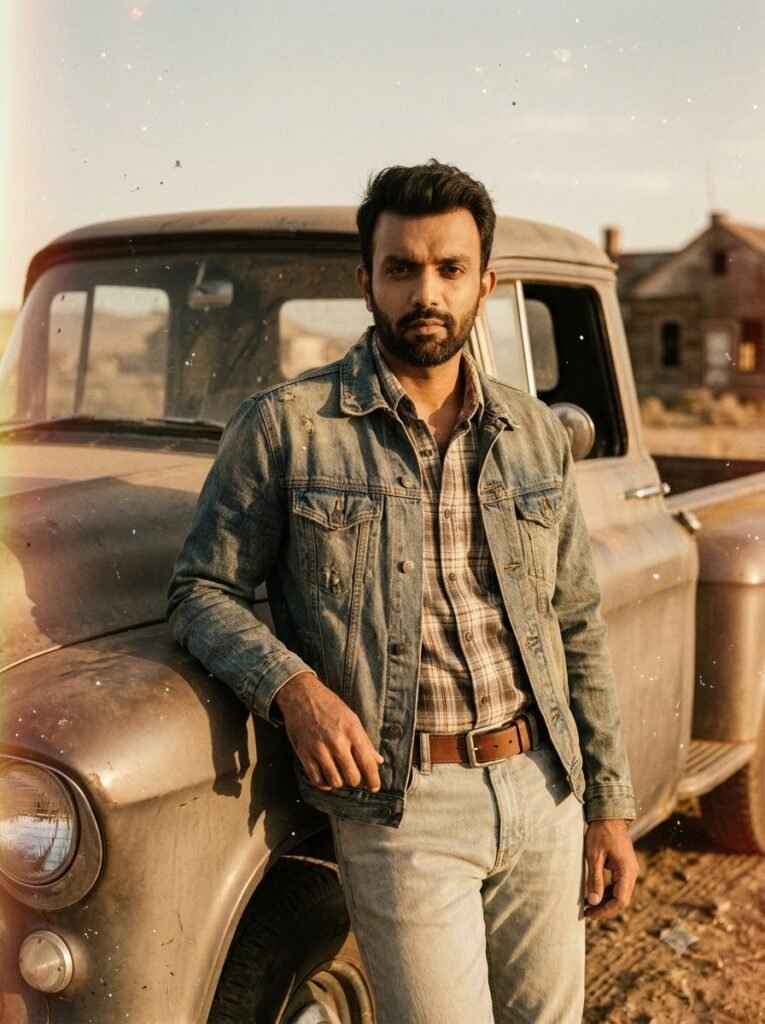 Vintage western portrait of a man leaning against an old car