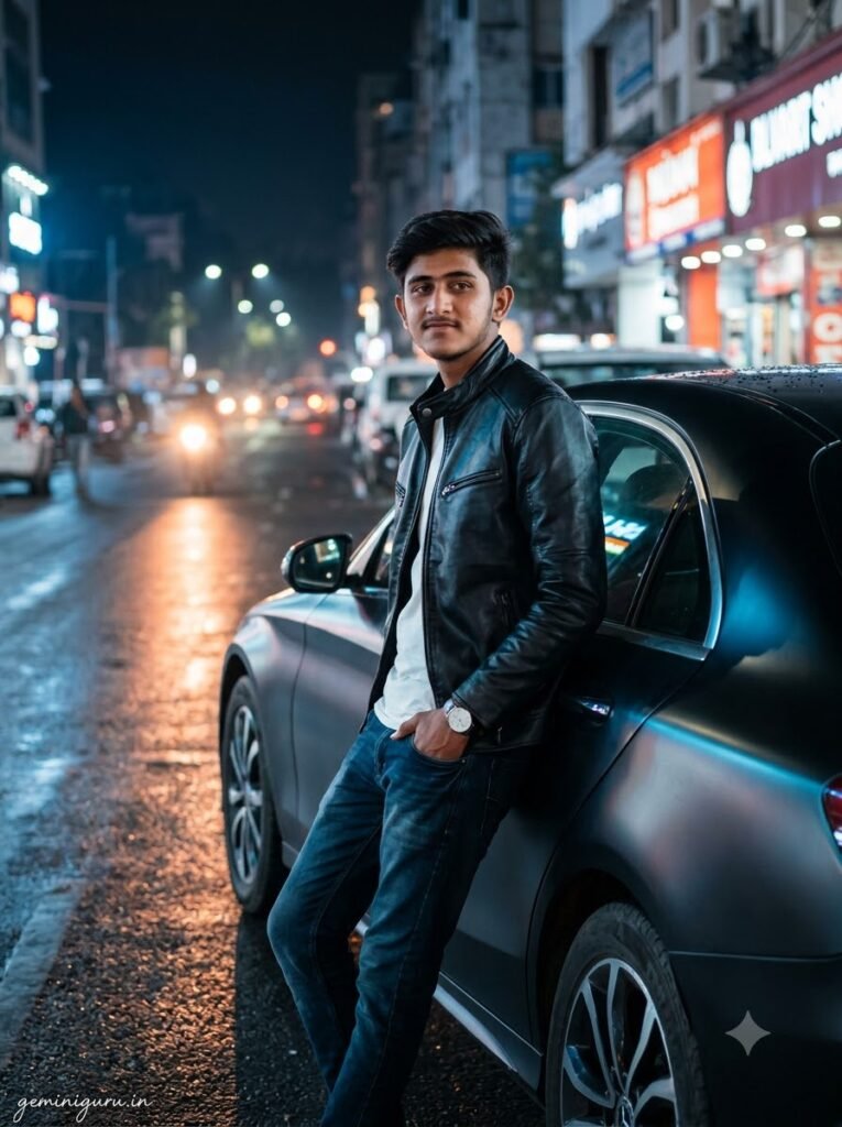 Young man leaning against a matte black luxury sedan on a wet city street at night