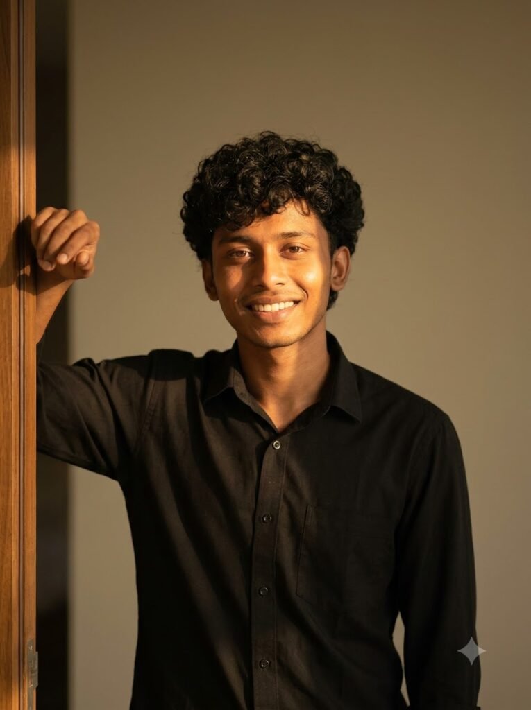 Man standing in a doorway with warm late-afternoon light
