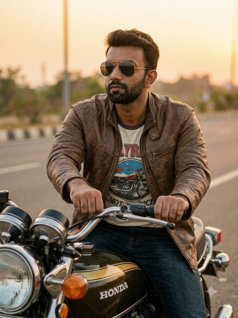 1970s retro portrait of a man on a motorcycle