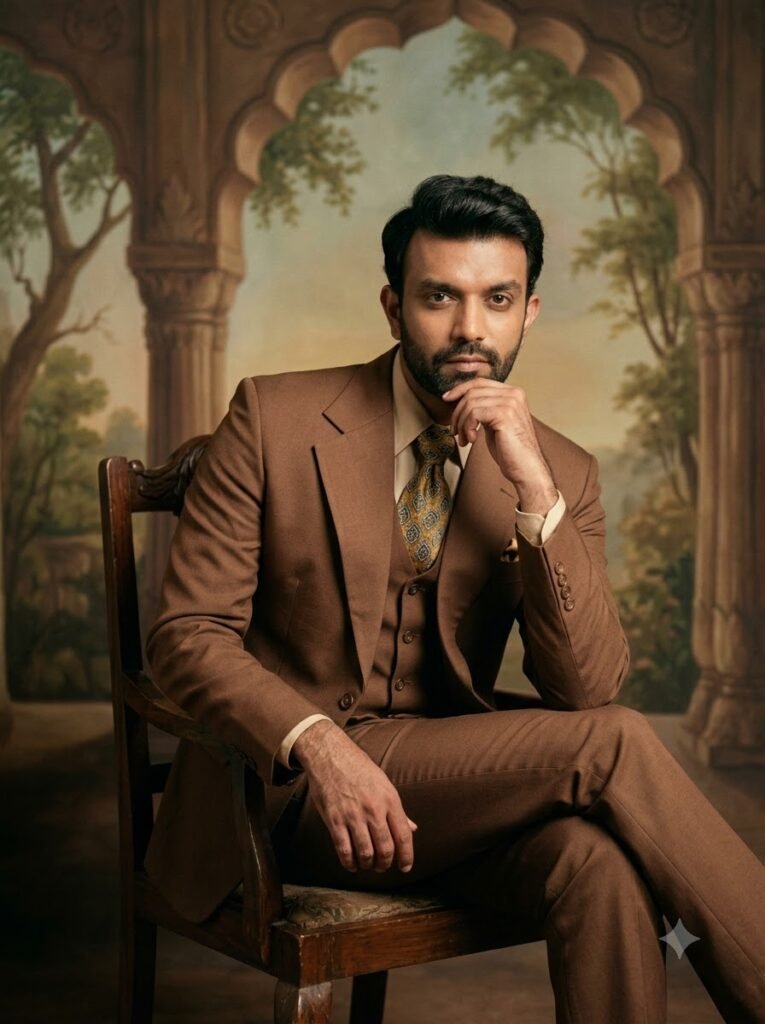 1970s Bollywood studio portrait of a man in a formal suit