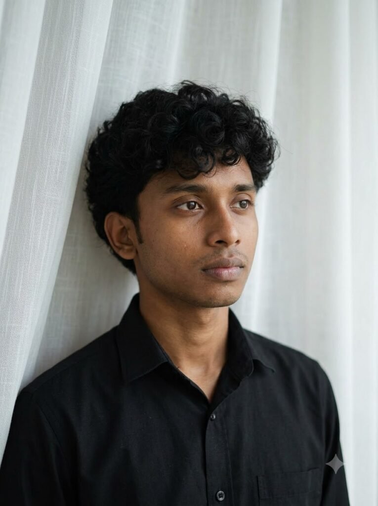 Man posing against a textured white curtain with soft side light