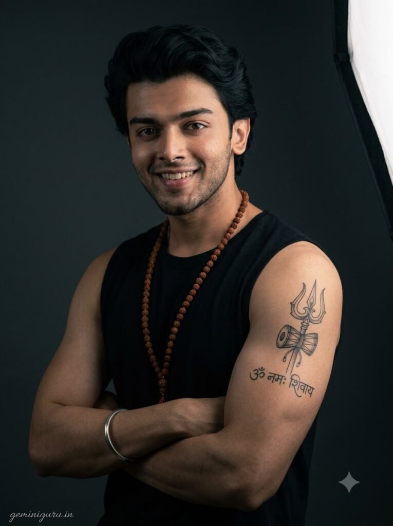 Young man with trishul and damru tattoo wearing a rudraksha mala