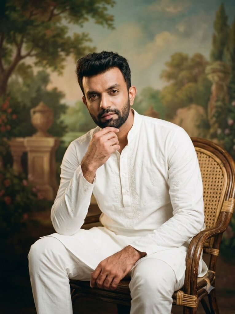 Retro Indian portrait of a man in kurta pajama seated on a cane chair