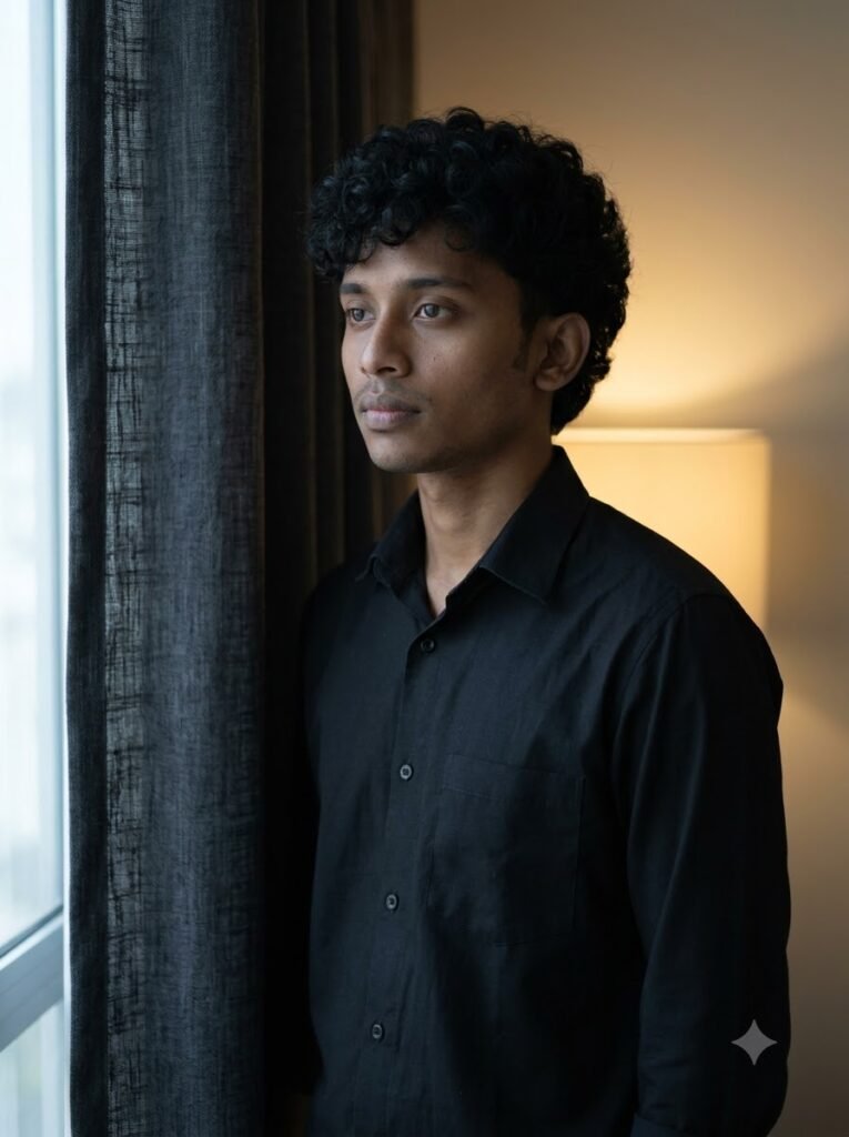 Man standing beside a textured curtain with mixed cool and warm light