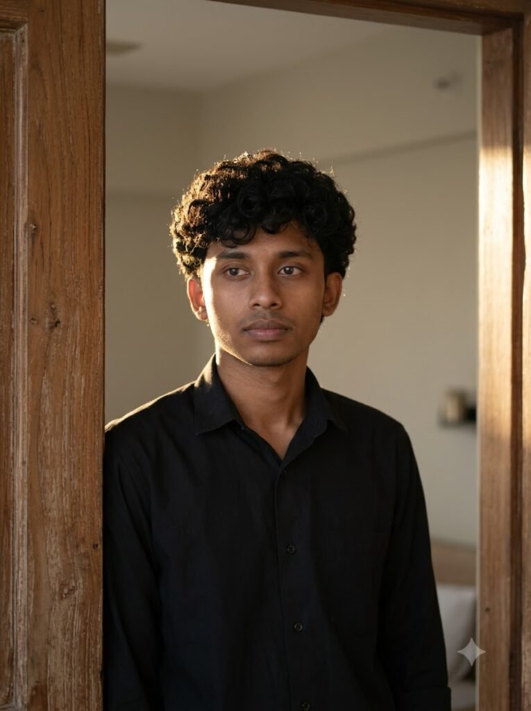 Man standing in a doorway with golden-hour backlighting