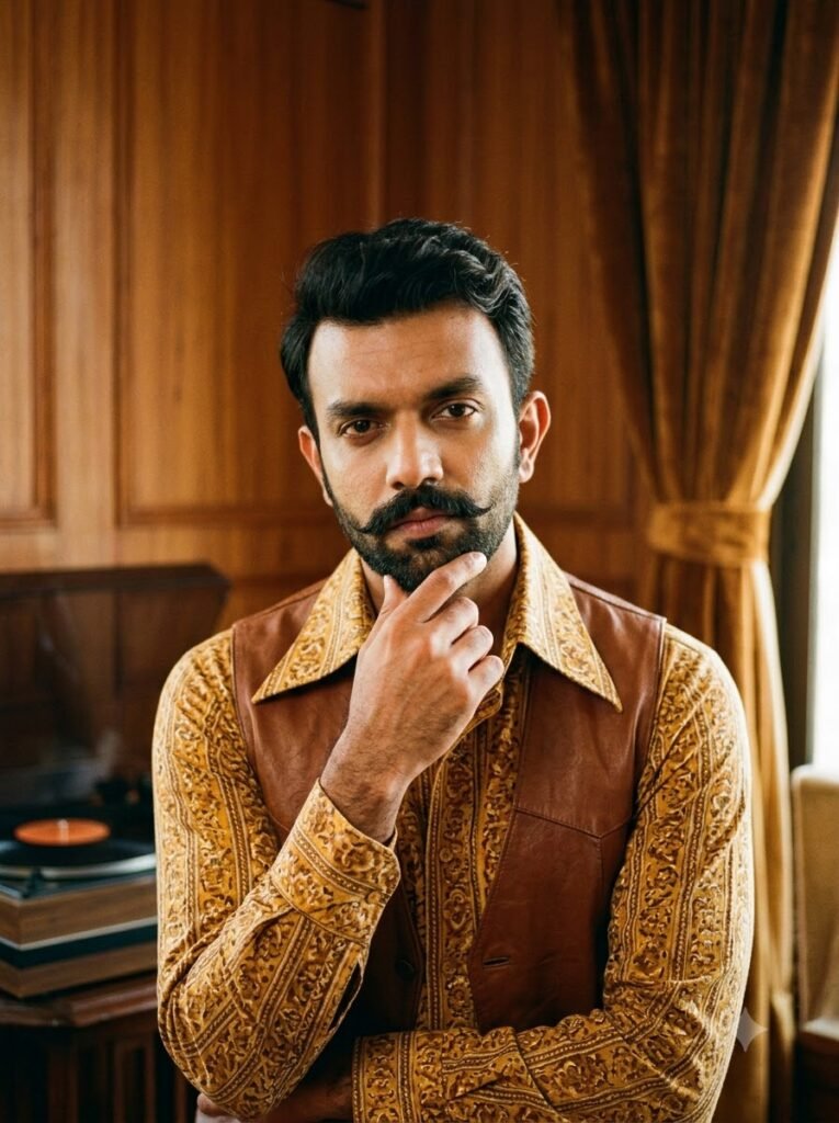 1970s retro portrait of a man with a mustache and collared shirt