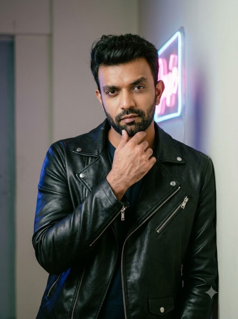 1980s retro portrait of a man in a leather jacket