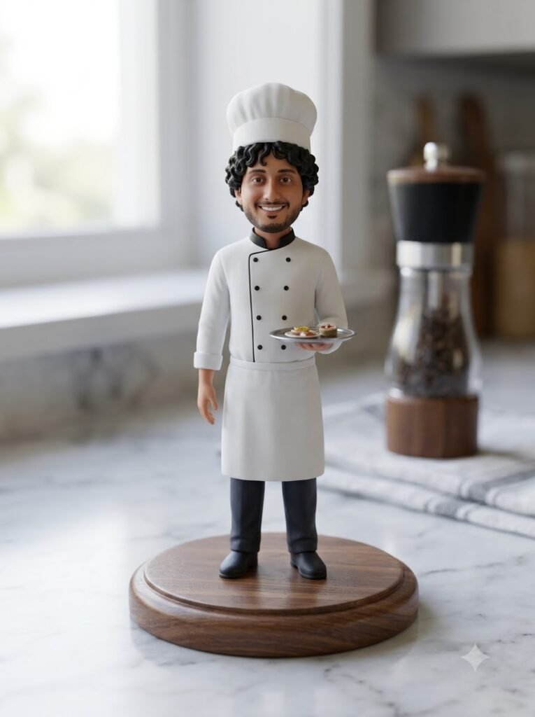 Miniature chef figurine in a white uniform standing on a round wooden base