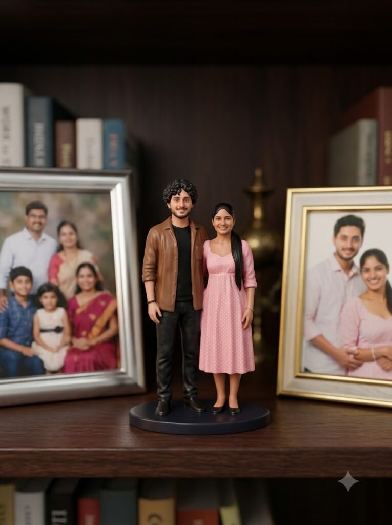 Miniature couple figurine standing together on a shared oval display base