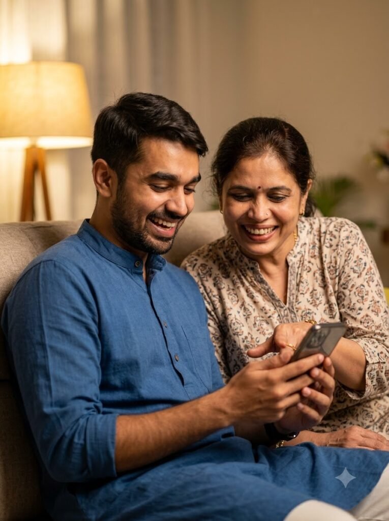 Mother and child sharing a quiet laugh while looking at a phone together