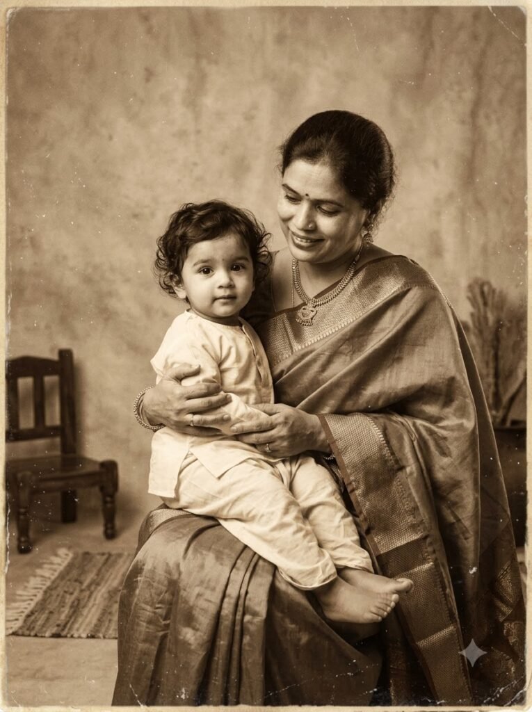 Vintage-style mother and young child portrait with warm nostalgic tones