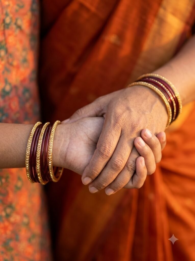 Close-up of a mother and daughter's hands together wearing matching bangles