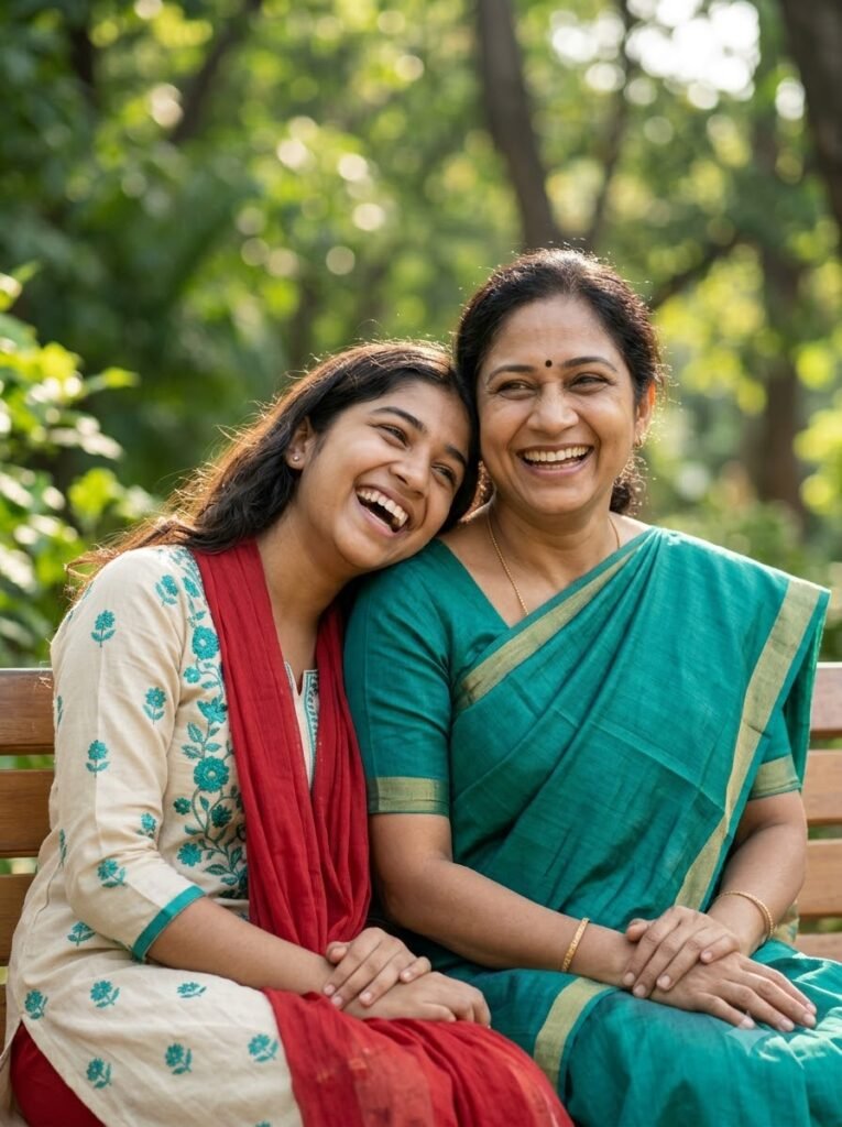 Mother and young daughter laughing together in coordinating outfits