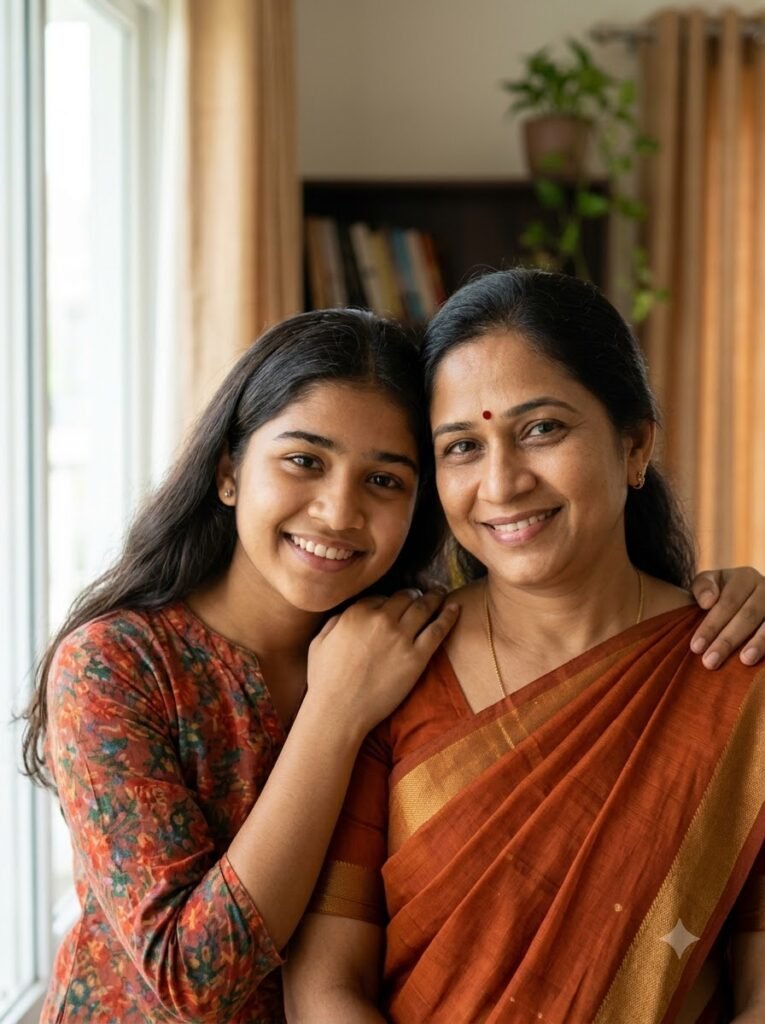 Mother and daughter leaning their heads together with quiet genuine smiles