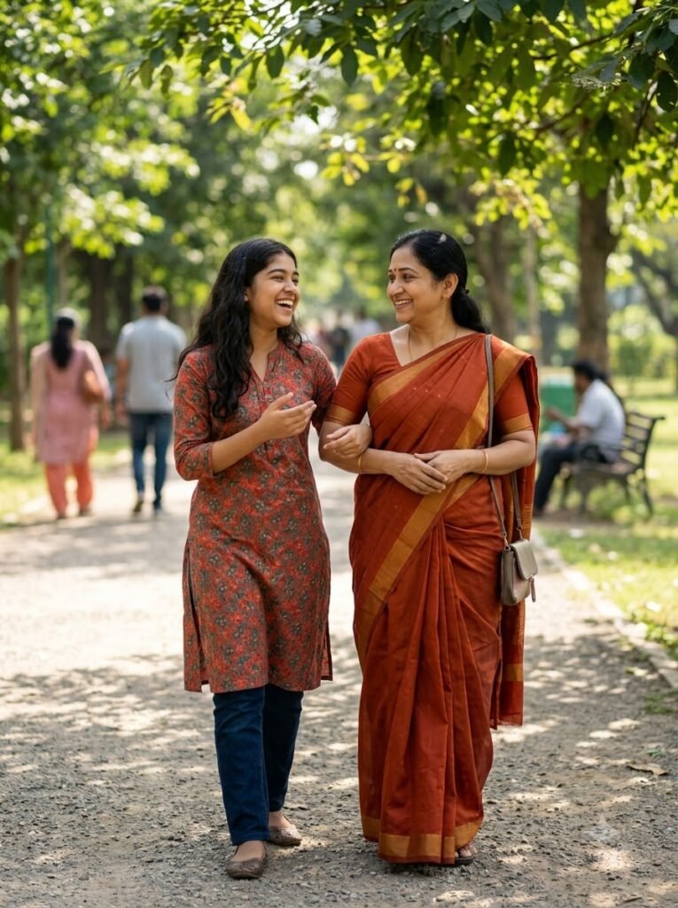 Mother and adult daughter walking arm in arm outdoors in natural daylight
