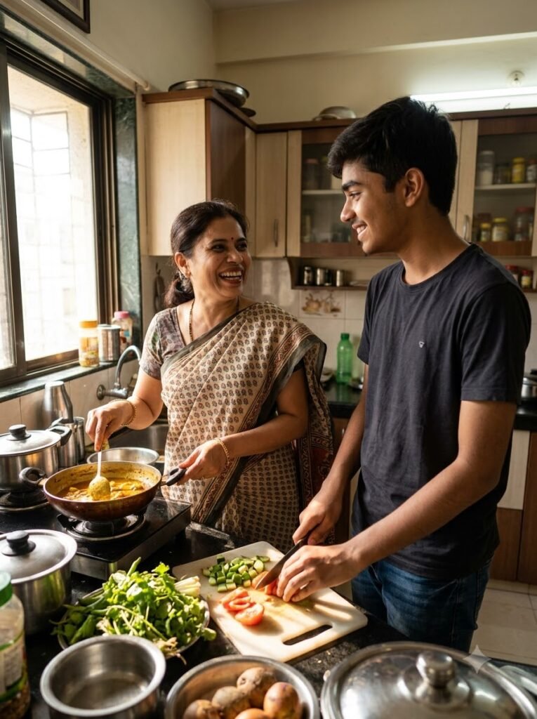 Mother and teenage son cooking together in a warm family kitchen