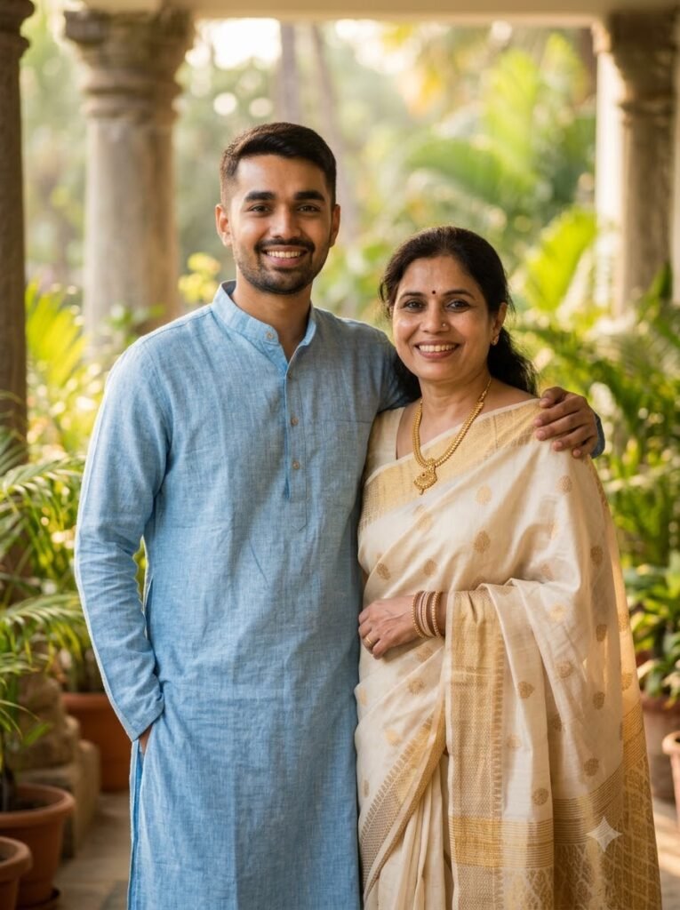 Mother resting her hand on her young son's shoulder with genuine smiles