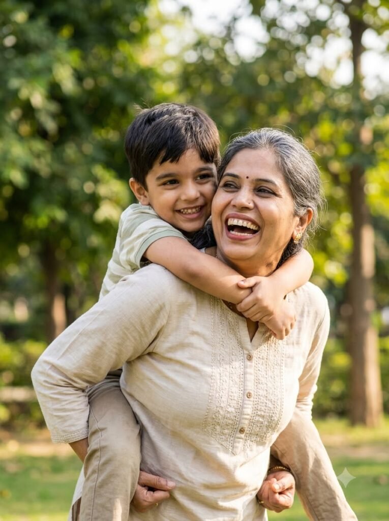 Mother laughing with her young son during a playful piggyback ride
