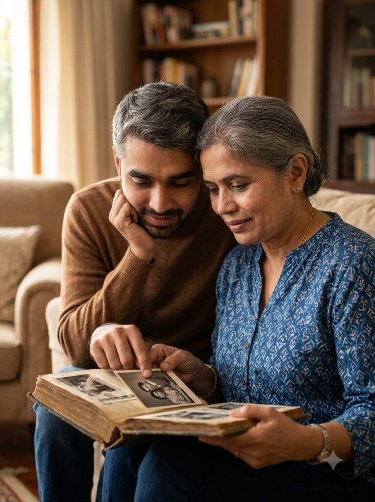 Mother looking through an old family photo album with her child beside her