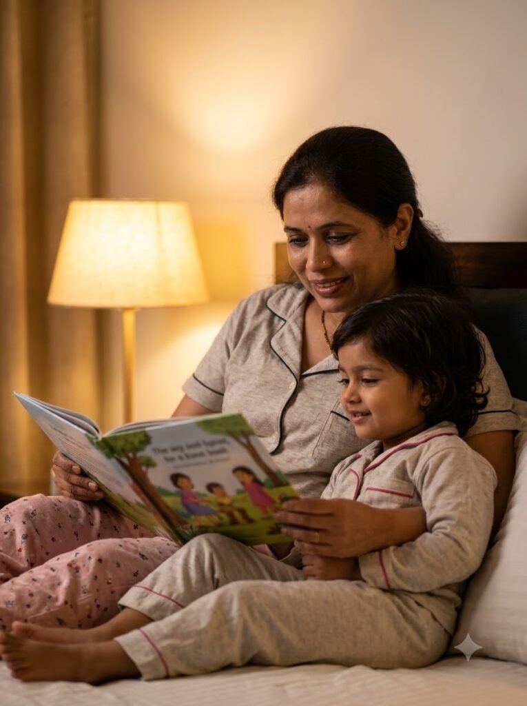 Mother reading a book to her child before bed in warm lamp light