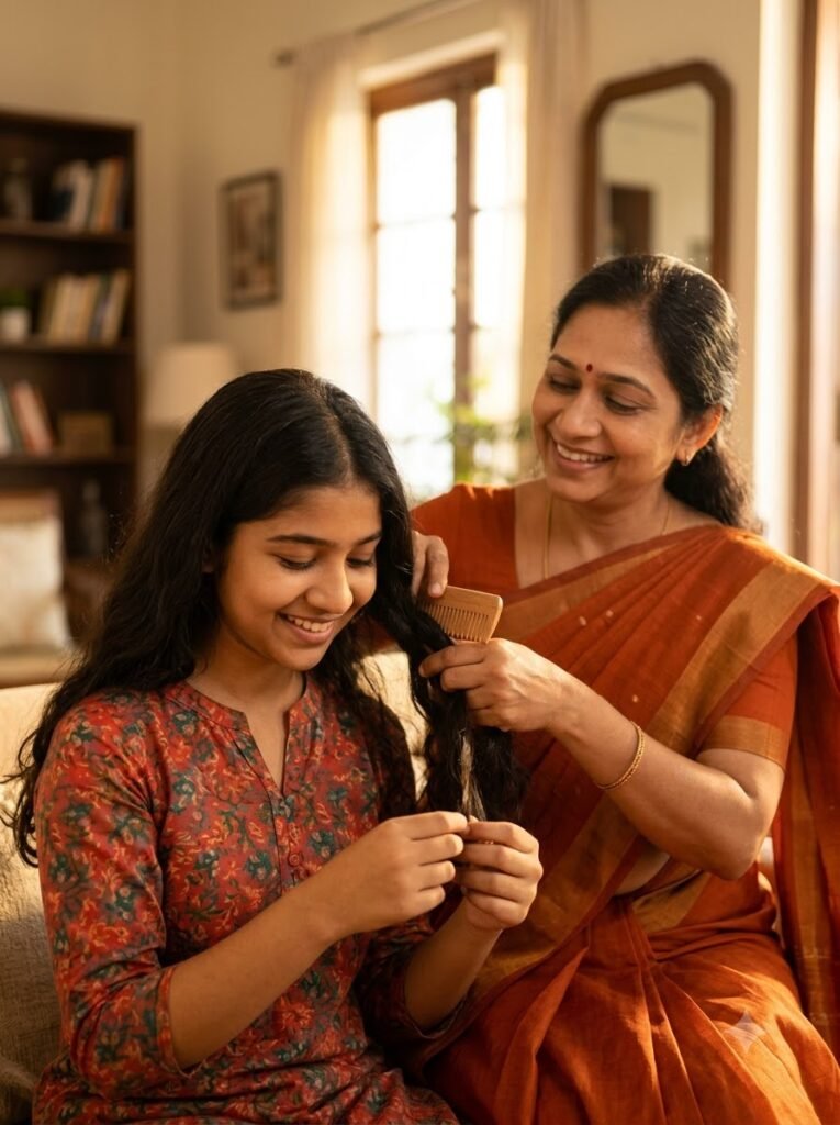 Mother helping her daughter with her hair in a warm candid indoor moment