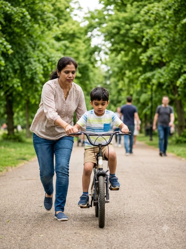 Mother helping her child learn to ride a bicycle outdoors