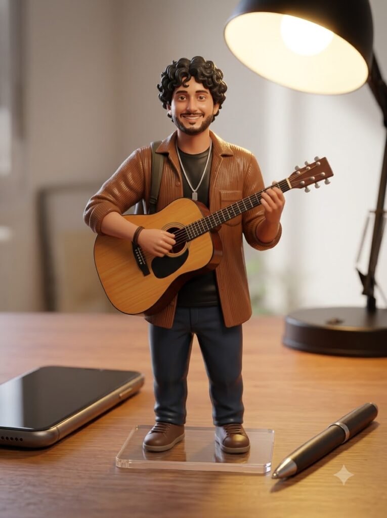 Tabletop musician figurine holding a guitar on a transparent acrylic display base