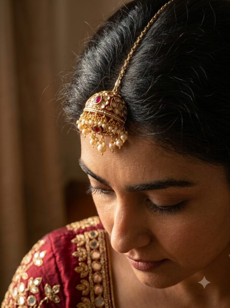 Close-up of ornate borla and maang tikka jewellery with mirror-work chaniya choli