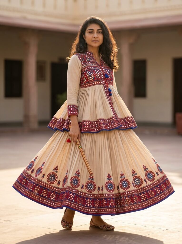 Traditional kediyu outfit with flared silhouette, mojari footwear and a decorated dandiya stick
