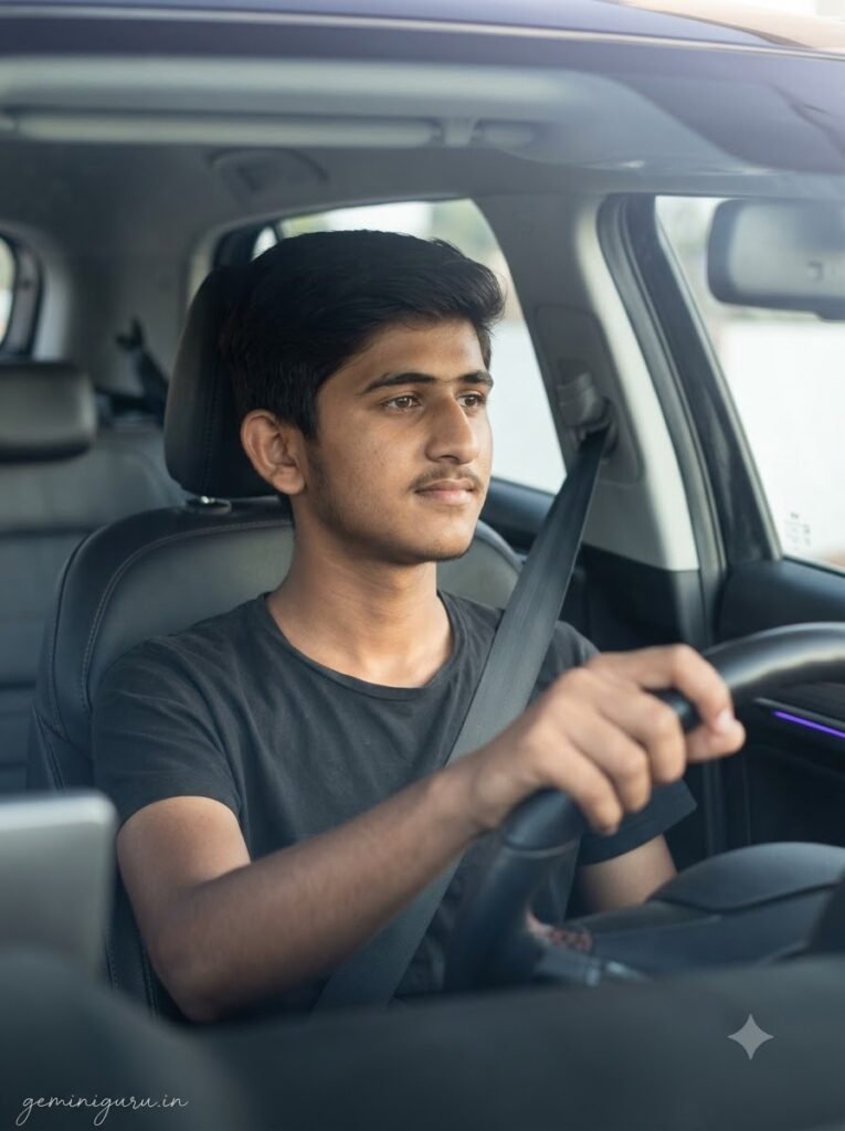 Person sitting in the driver seat of a modern car, photographed from the passenger side