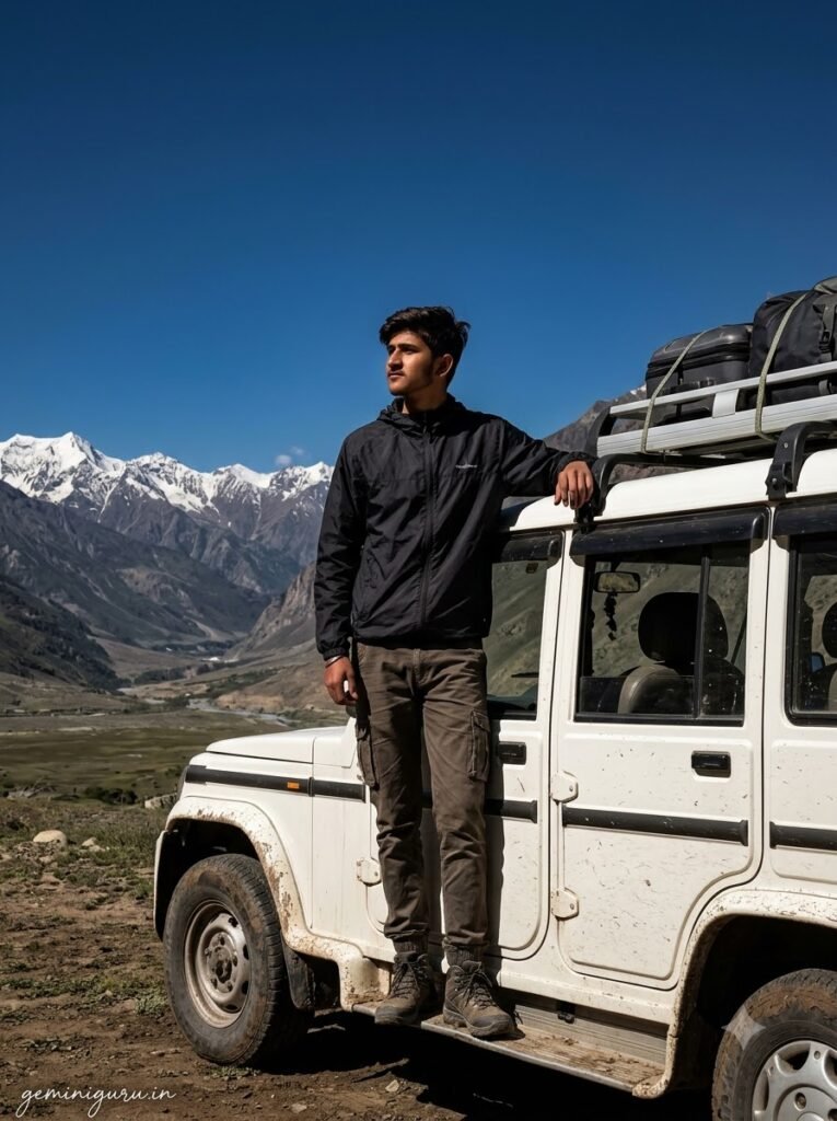 Person standing on a mud-splattered white SUV on a mountain trail