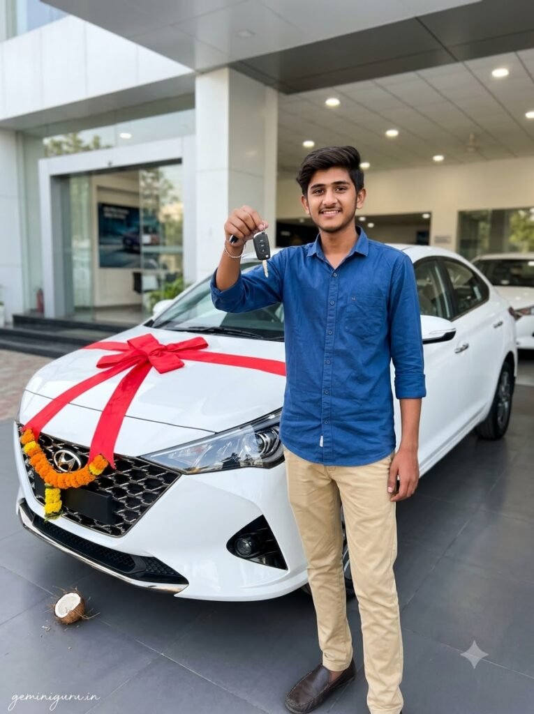 Person holding car keys beside a new white car with a red delivery ribbon