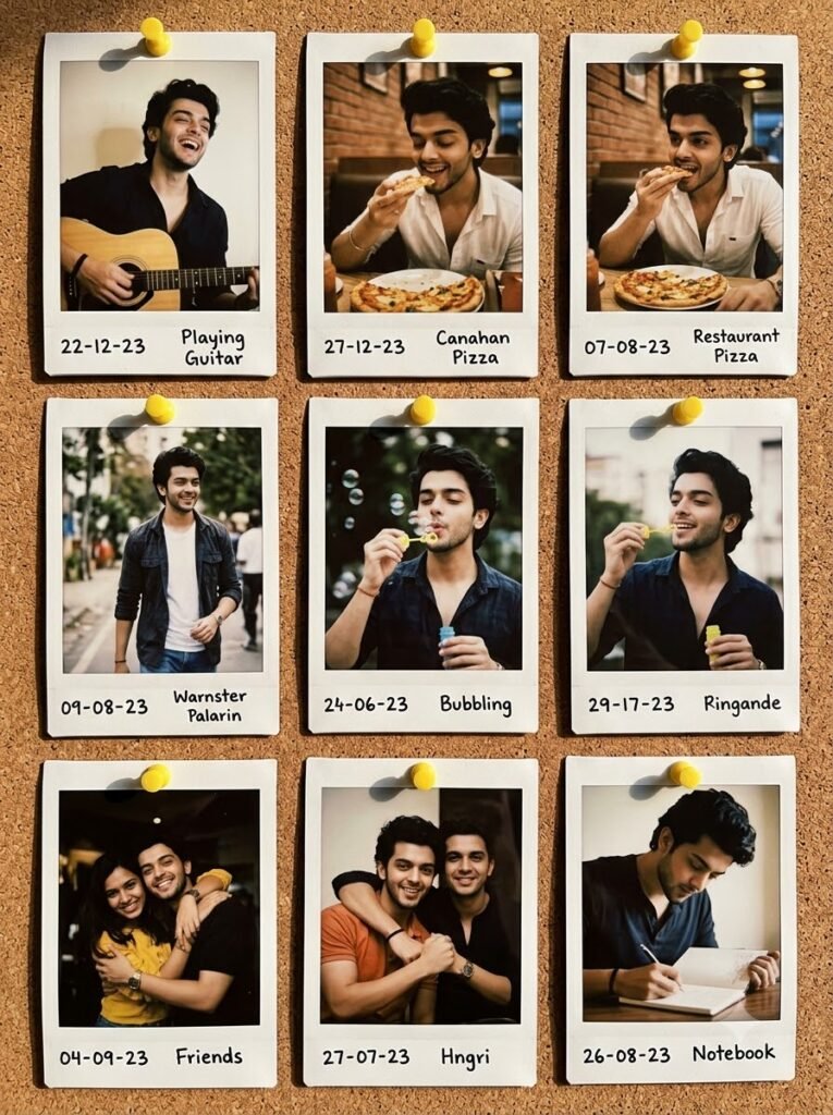 Six Polaroid-style photos pinned to a corkboard in a grid