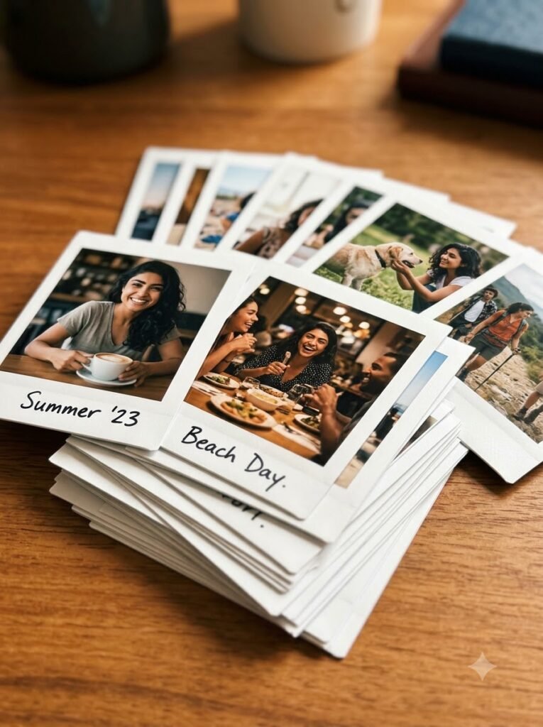 Stack of Polaroid-style photos fanned out on a table