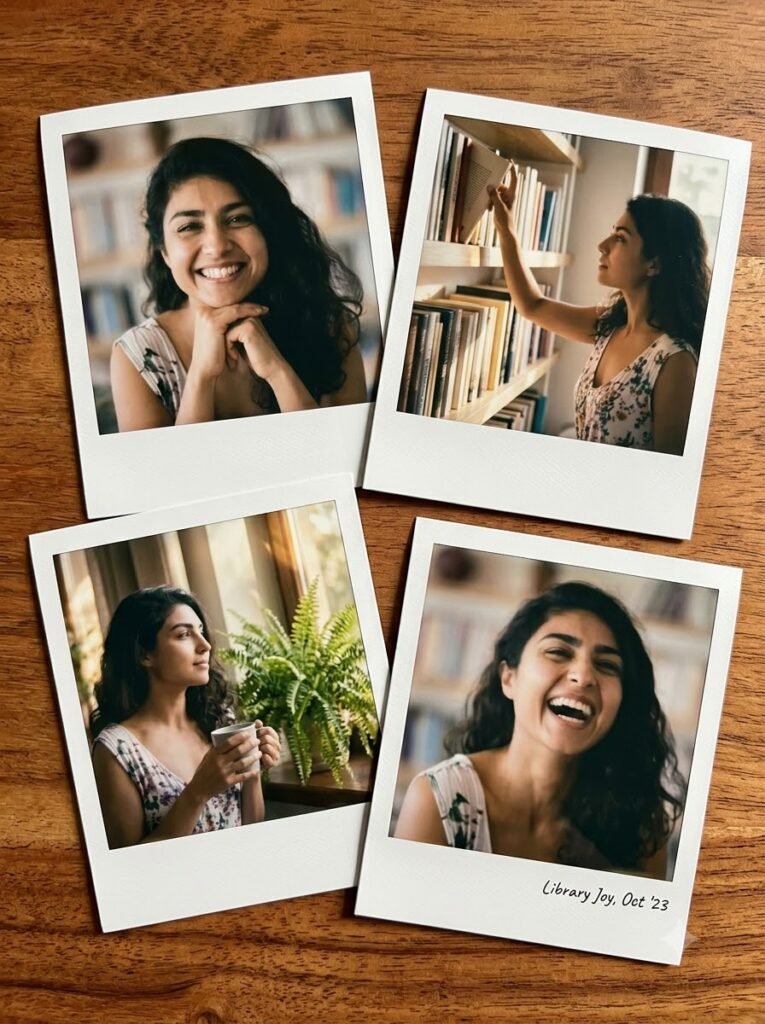 Four overlapping Polaroid-style photos arranged on a wooden table
