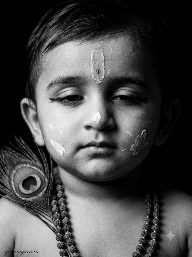 Black-and-white devotional portrait with peacock feather, tulsi necklace and sandalwood tilak