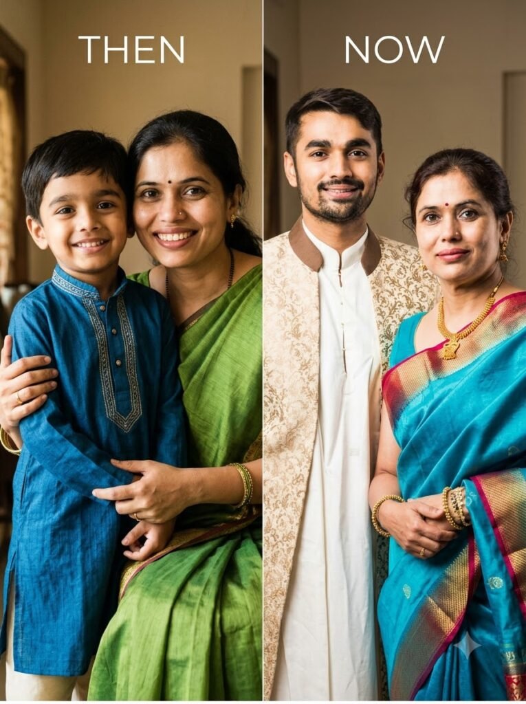 Present-day mother and adult child recreating the pose of an old childhood photo