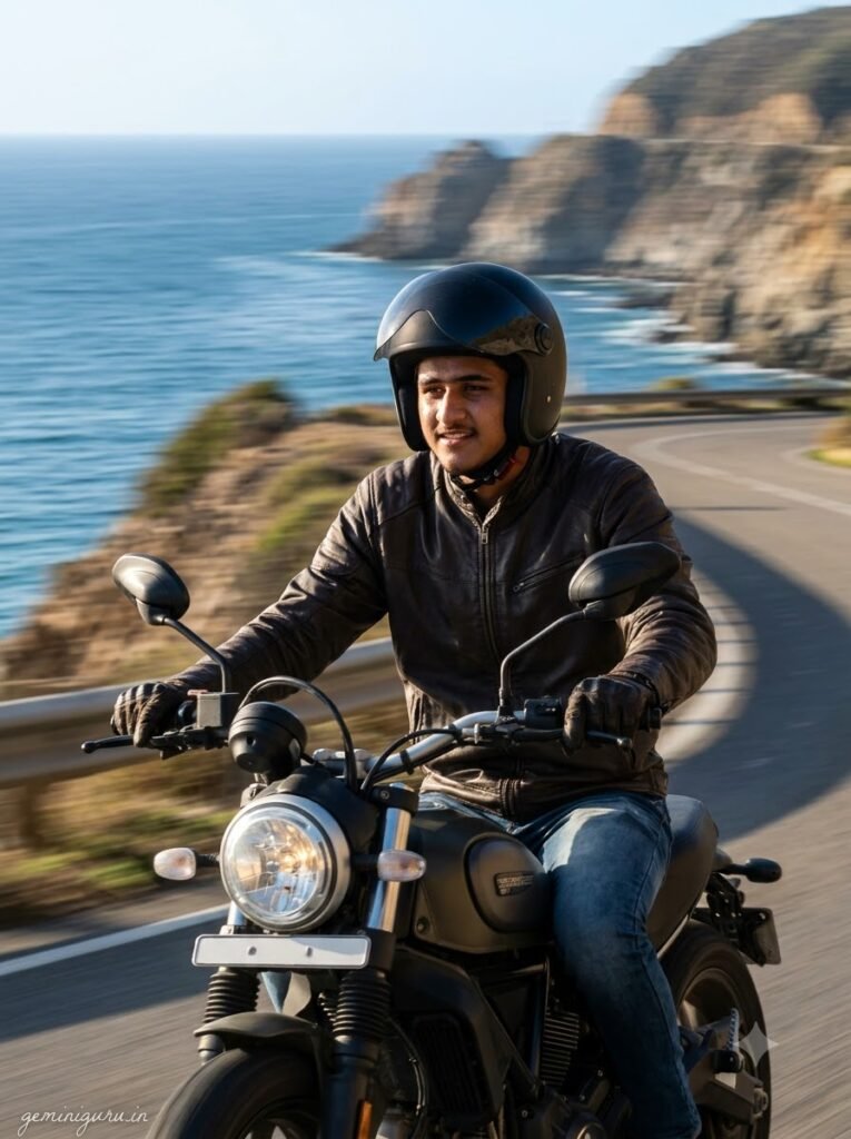 Motorcycle rider on a coastal road with a panning motion-blur effect